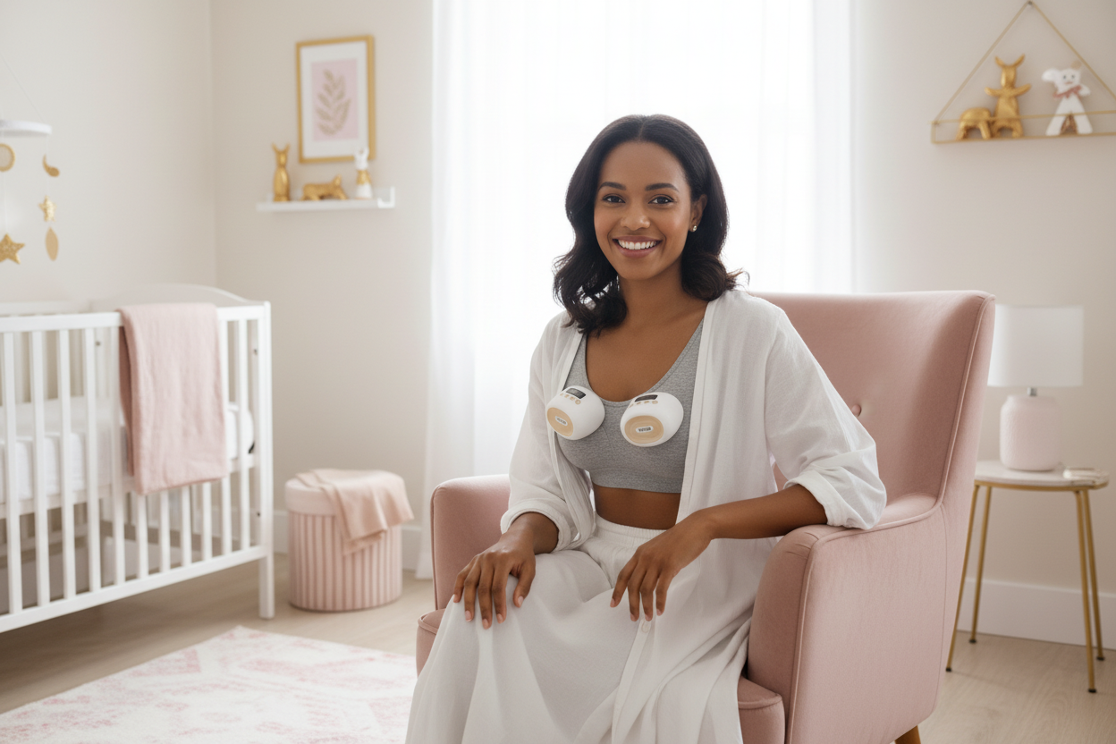 Mom wearing hands-free electric breast pump