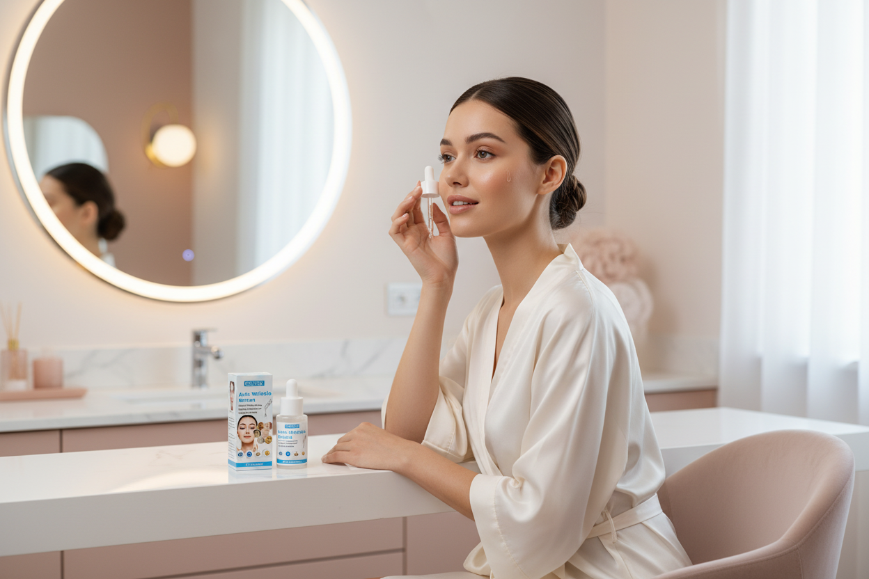 Woman applying hyaluronic acid serum