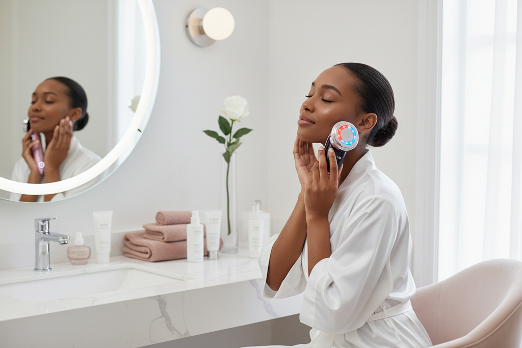 Woman using skin rejuvenation facial device