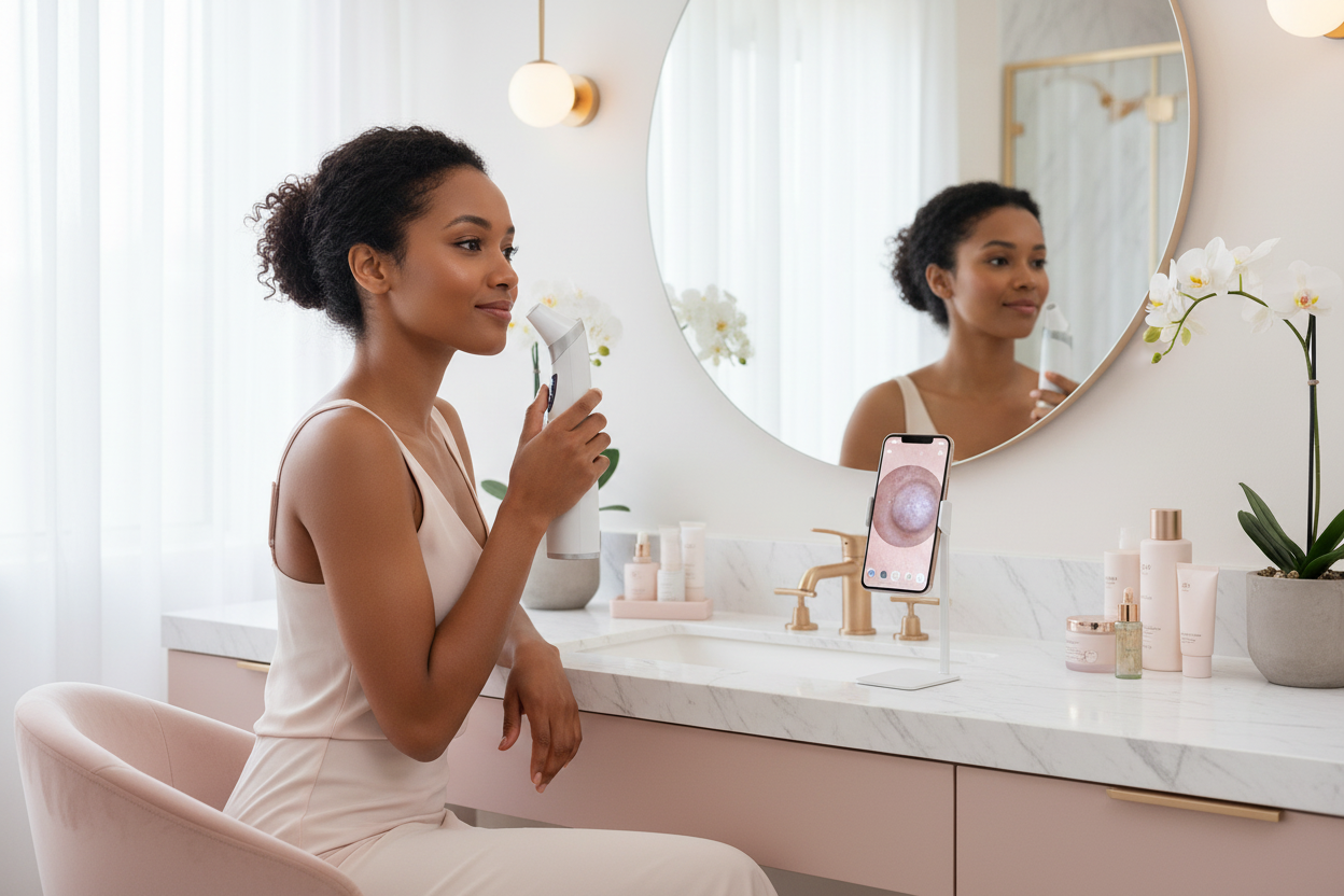 Woman using pore cleansing suction device