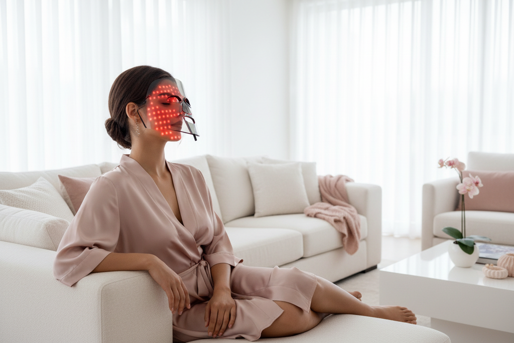 Woman wearing LED light therapy beauty mask