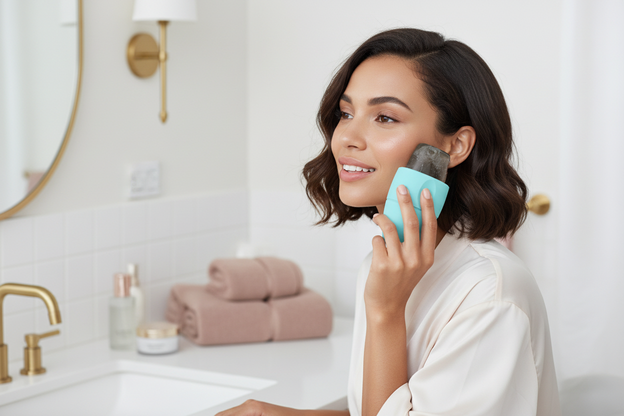 Woman using silicone ice face roller