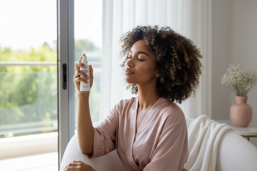 Woman misting face with daily moisture spray