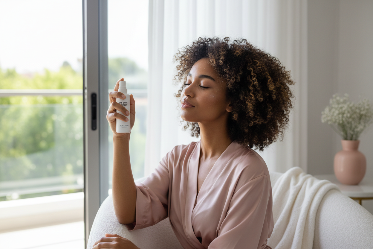 Woman misting face with daily moisture spray